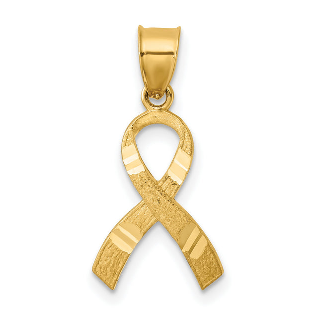 14k Yellow Gold Awareness Ribbon Pendant, Polished and Textured Looped Design for Women