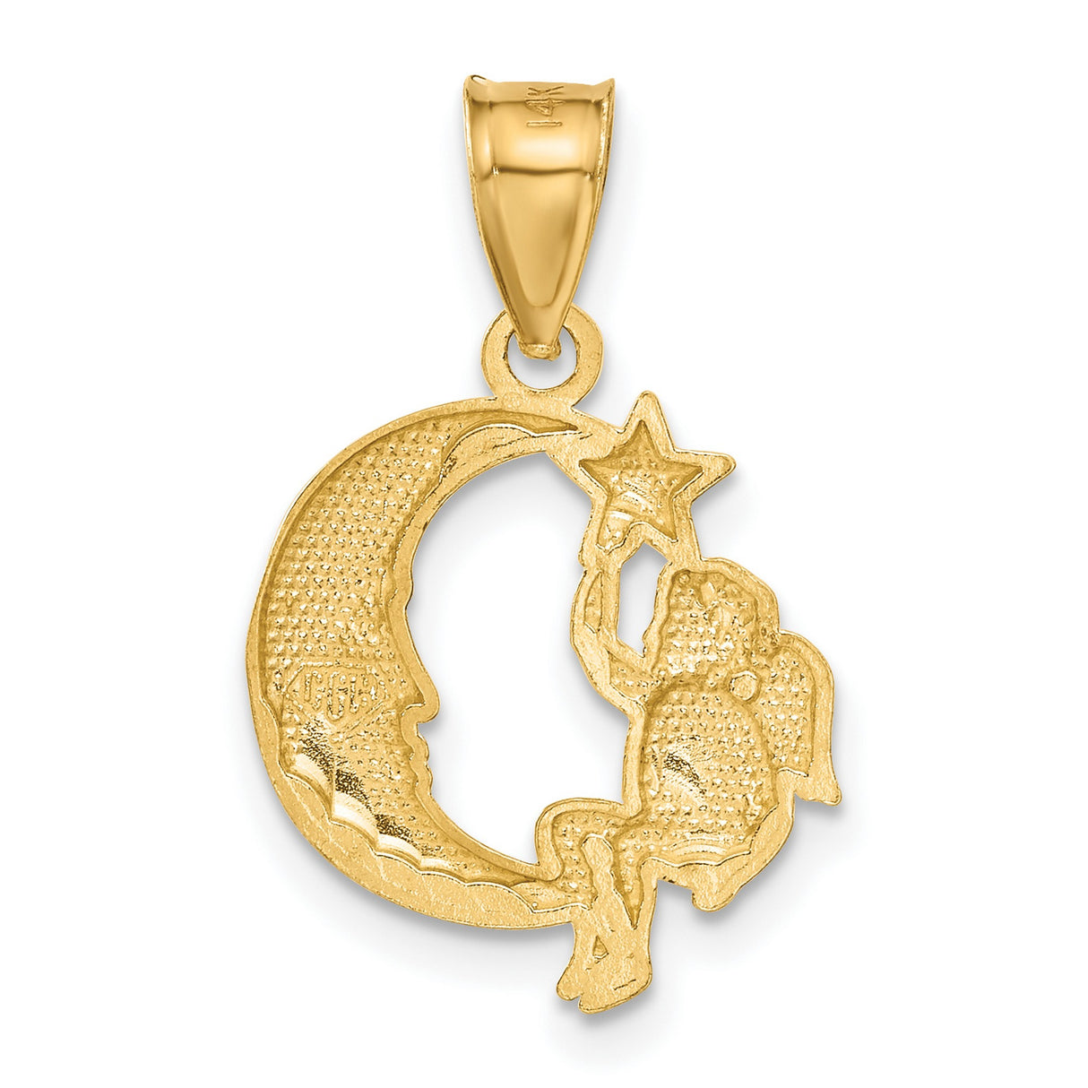 Cherub Angel Holding A Star Sitting Smiling Crescent Moon Charm Pendant in Real 14k Yellow Gold