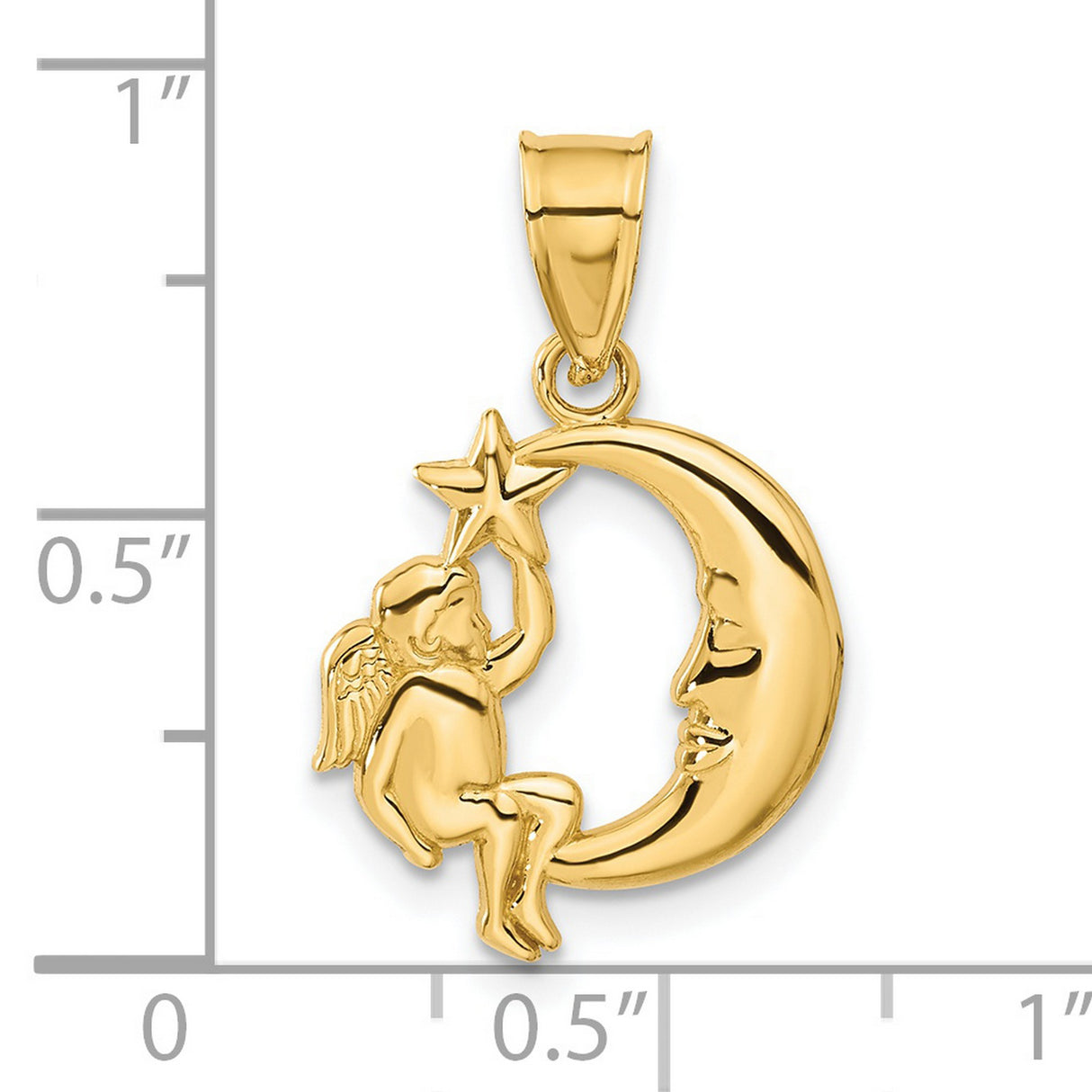 Cherub Angel Holding A Star Sitting Smiling Crescent Moon Charm Pendant in Real 14k Yellow Gold