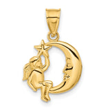 Cherub Angel Holding A Star Sitting Smiling Crescent Moon Charm Pendant in Real 14k Yellow Gold