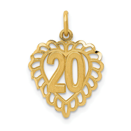 14k Yellow Gold Heart Pendant with Number 20, Openwork Design Anniversary Charm