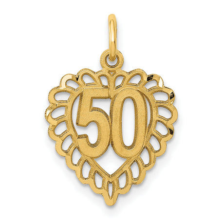 14k Yellow Gold Heart Pendant with Number 50, Textured Design, Anniversary Charm