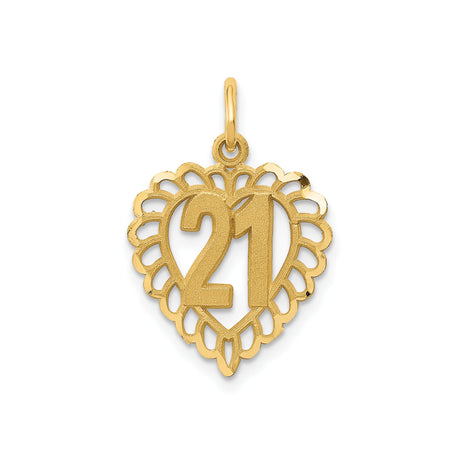 14k Yellow Gold Heart-Shaped Number 21 Pendant with Lace Border, 21st Birthday Charm for Women