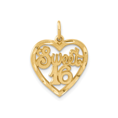 14k Yellow Gold Heart Shaped Sweet 16 Pendant with Cutout Design, Dainty Charm for Teen Girl