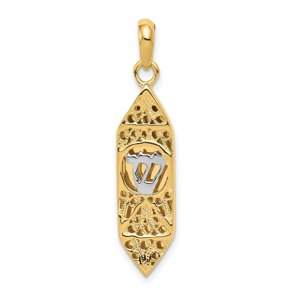 Mezuzah With White Shin Letter Charm Pendant in Real 14k Multi-Tone Gold