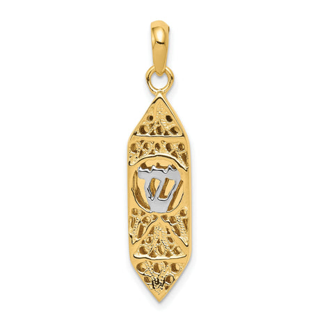 14k Multi-Tone Gold Mezuzah Pendant with Hebrew Shin Symbol, Jewish Religious Charm
