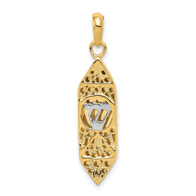 Mezuzah With White Shin Letter Charm Pendant in Real 14k Multi-Tone Gold