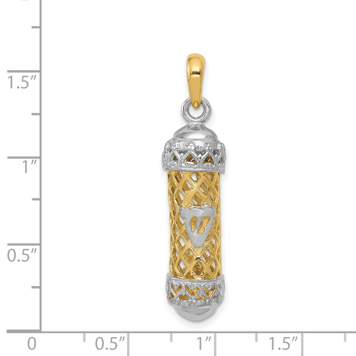 Polished Mezuzah With Shin Letter Charm Pendant in Real 14k Multi-Tone Gold
