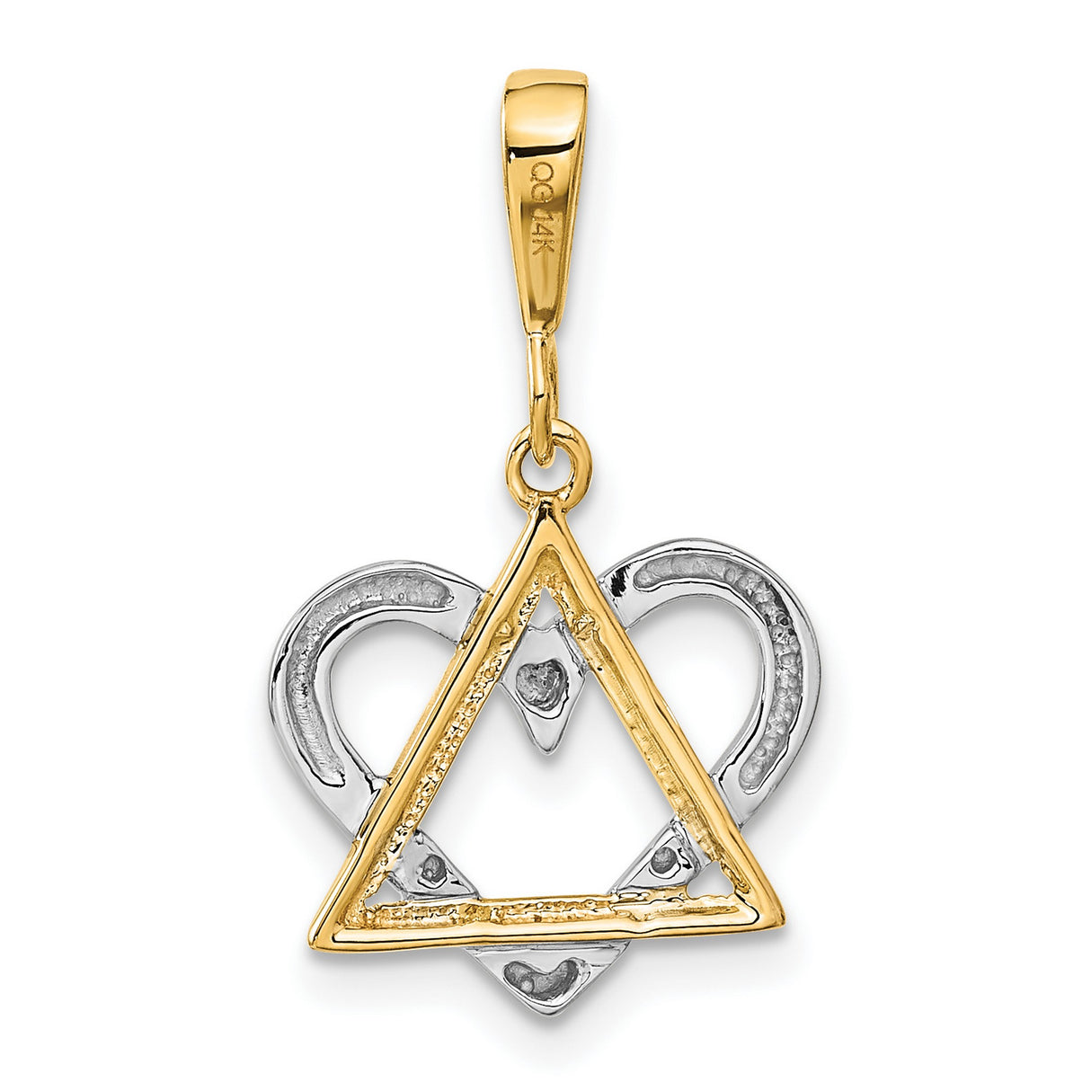 Open Triangle With White Open Heart Charm Pendant in Real 14k Multi-Tone Gold