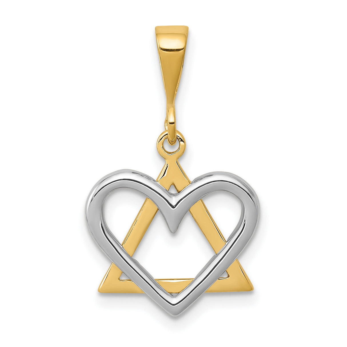 Open Triangle With White Open Heart Charm Pendant in Real 14k Multi-Tone Gold