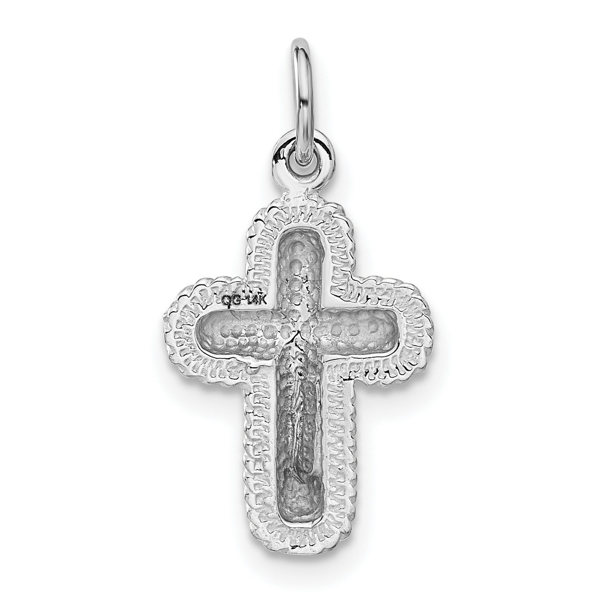 Latin Cross With Ribbed Border Charm Pendant in Real 14k White Gold