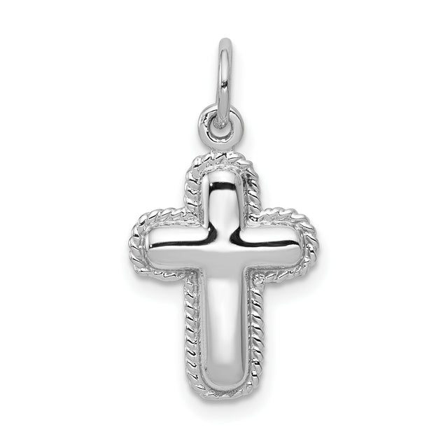 Latin Cross With Ribbed Border Charm Pendant in Real 14k White Gold