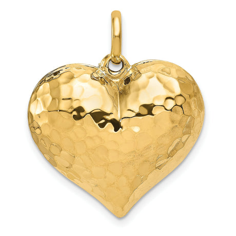 14k Yellow Gold Heart Pendant, Hammered Textured Puffed Charm for Women