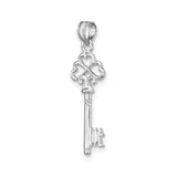 14k White Gold Key Pendant with Heart Shaped Clover, Celtic Inspired Lucky Charm