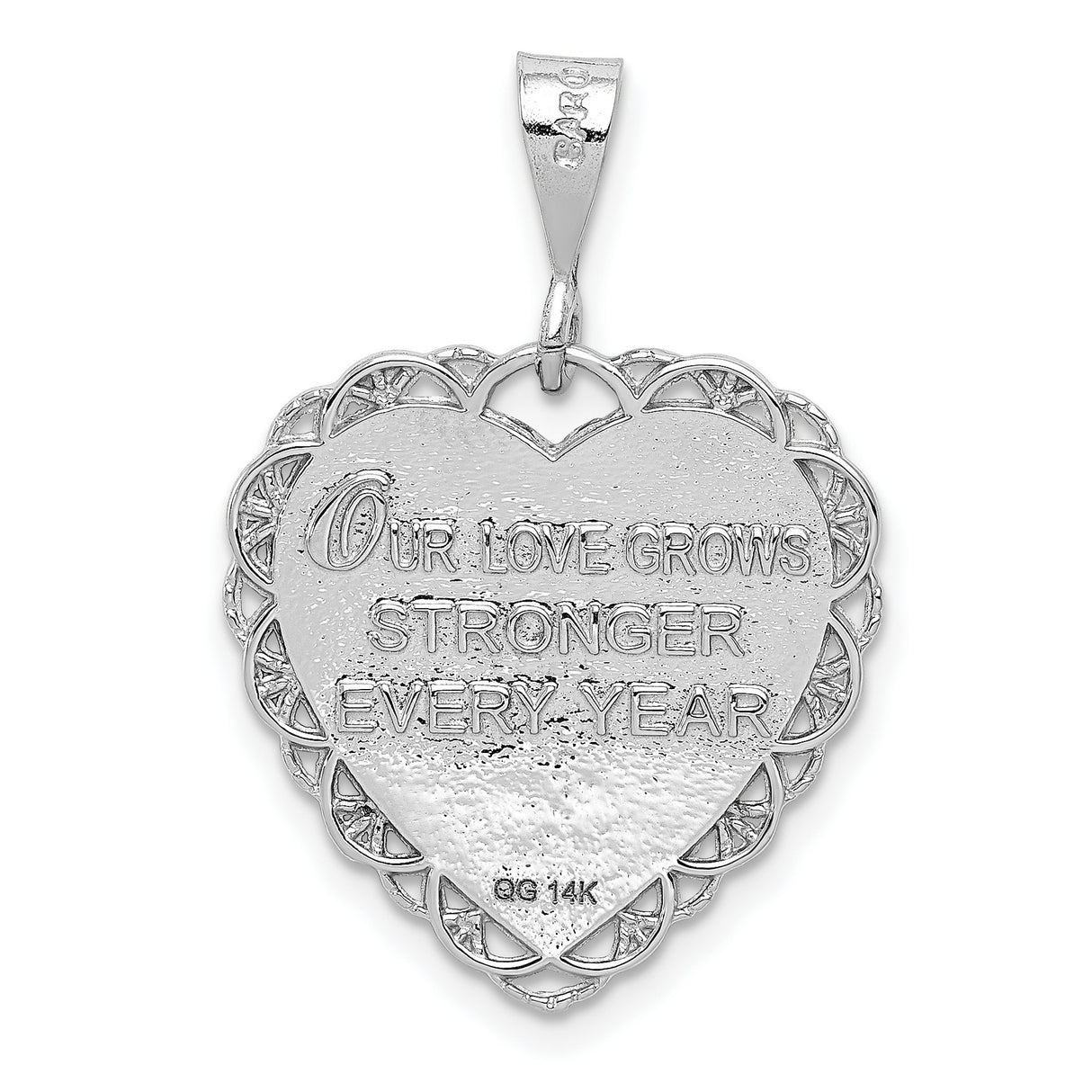 14k White Gold Heart Pendant with 50th Anniversary Engraving and Floral Motif