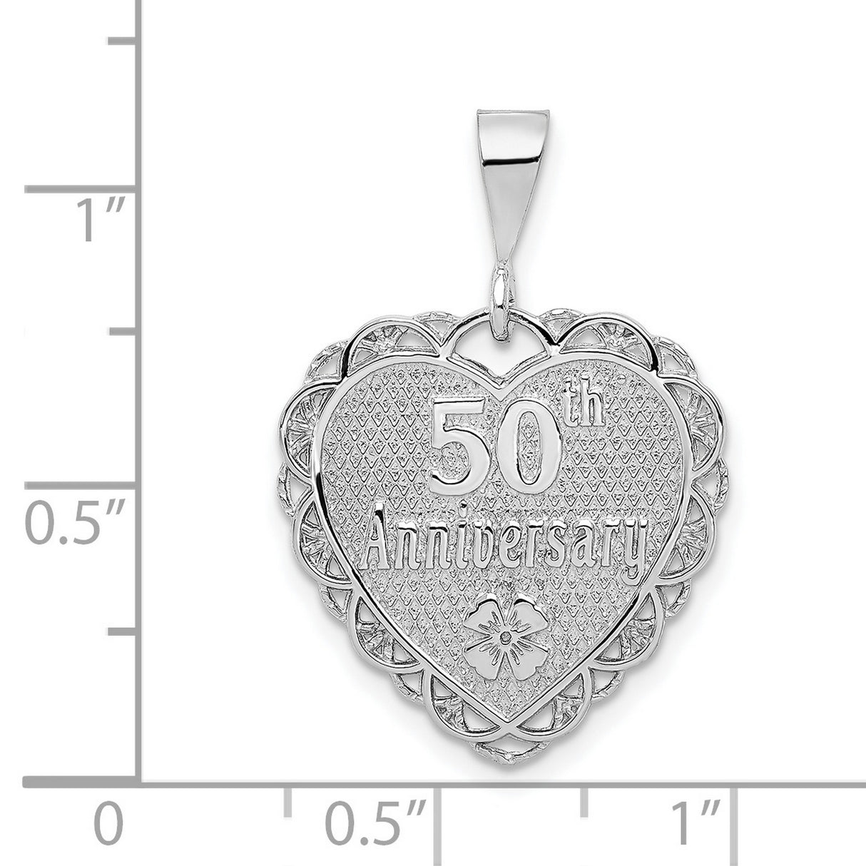 14k White Gold Heart Pendant with 50th Anniversary Engraving and Floral Motif