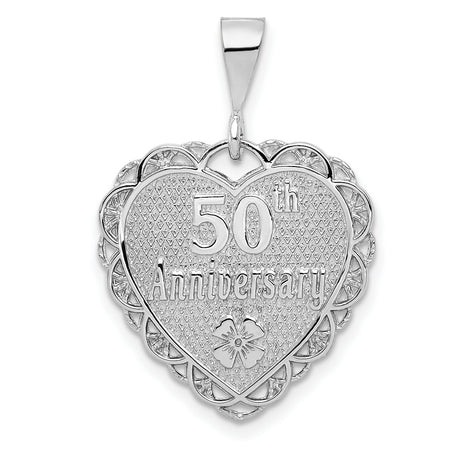14k White Gold Heart Pendant with 50th Anniversary Engraving and Floral Motif