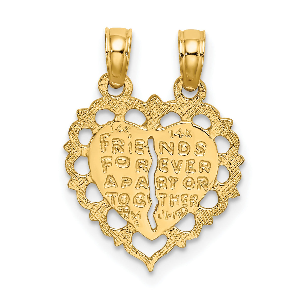 14k Yellow Gold Split Heart Pendant Set, Lace Edge Friendship Charm Duo for Women