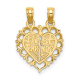 14k Yellow Gold Split Heart Pendant Set, Lace Edge Friendship Charm Duo for Women