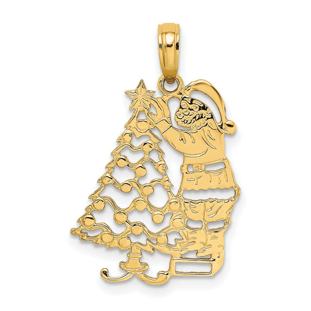 14k Yellow Gold Pendant, Santa Decorating Christmas Tree, Holiday Festive Charm