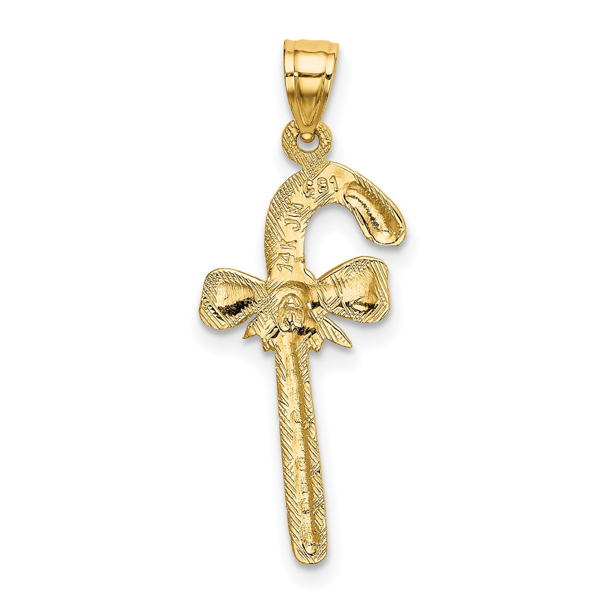 14k Yellow Gold Candy Cane Pendant with Bow Design, Polished Holiday Charm