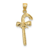14k Yellow Gold Candy Cane Pendant with Bow Design, Polished Holiday Charm