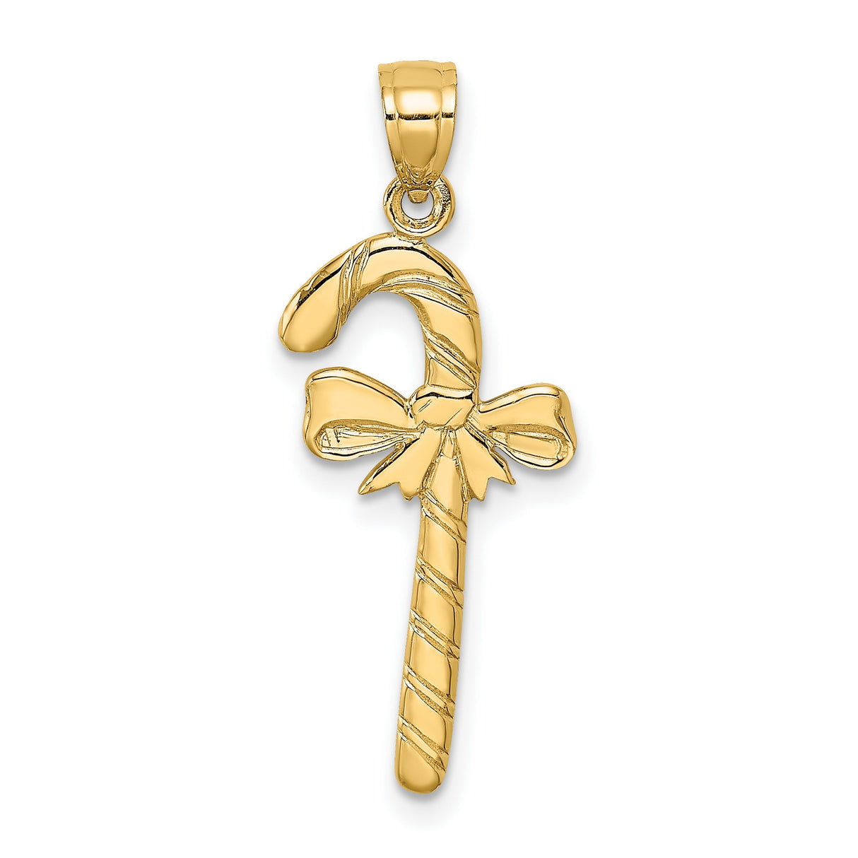 14k Yellow Gold Candy Cane Pendant with Bow Design, Polished Holiday Charm
