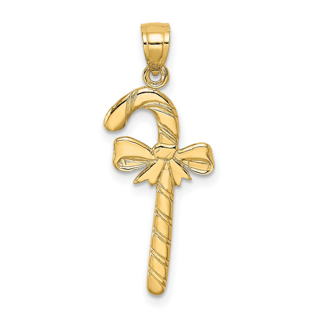 14k Yellow Gold Candy Cane Pendant with Bow Design, Polished Holiday Charm