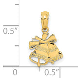 14k Yellow Gold Wedding Bells Pendant with Bow, Romantic Bridal Jewelry Charm