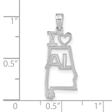 14k White Gold Alabama State Outline Pendant with I Heart AL Design, Dainty Southern Charm