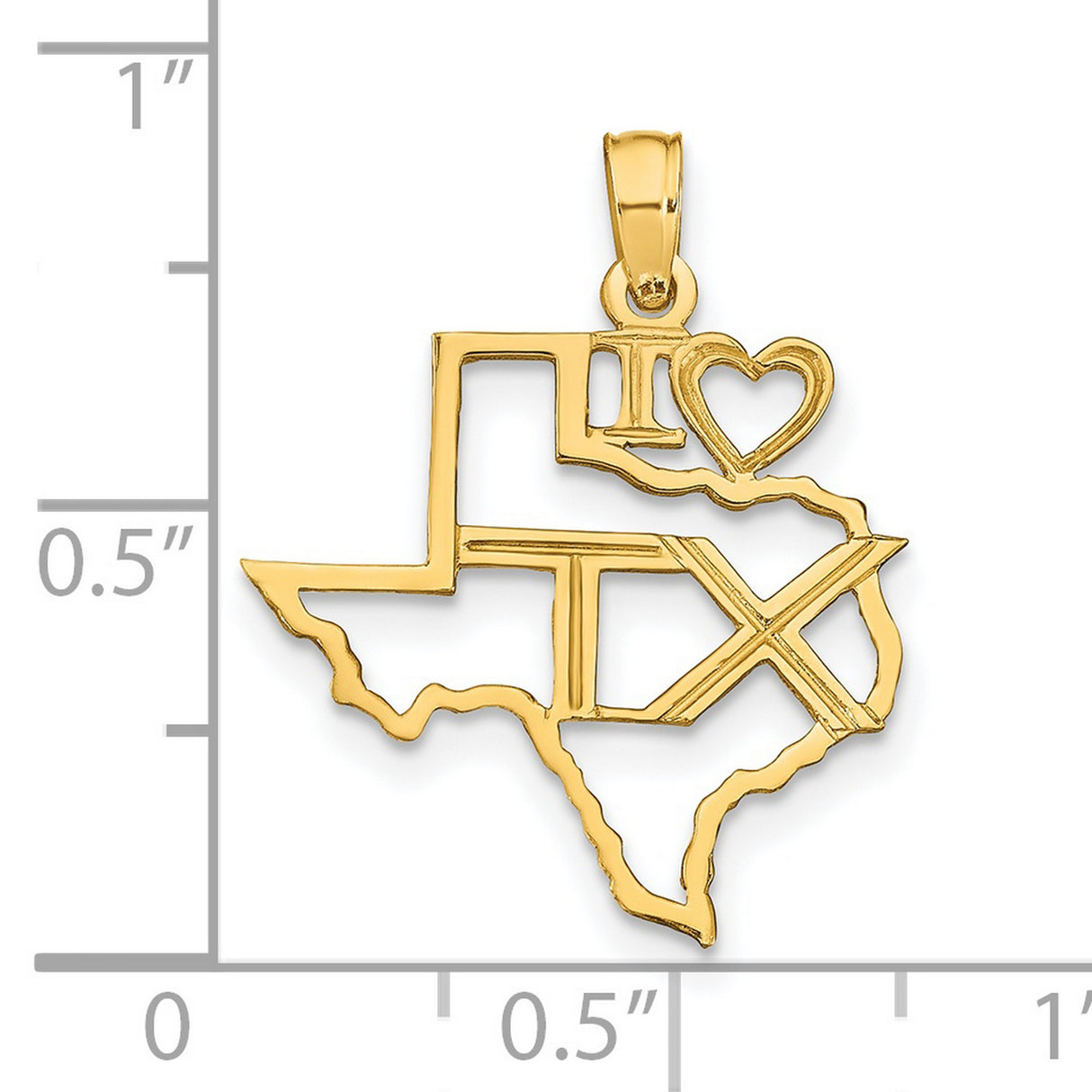 14k Yellow Gold Texas Pendant with Openwork I Heart TX Map Outline Design