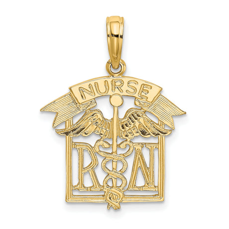 14k Yellow Gold RN Nurse Pendant with Caduceus Symbol and Wings Charm
