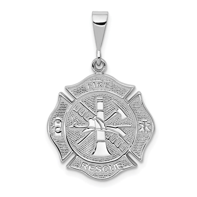 14k White Gold Firefighter Maltese Cross Pendant with Fire Helmet, Axe, Ladder, and Hydrant