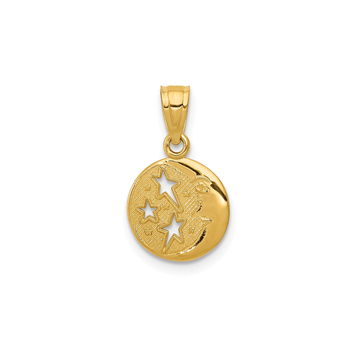 14k Yellow Gold Moon and Stars Pendant with Cutout Star and Crescent Moon Design