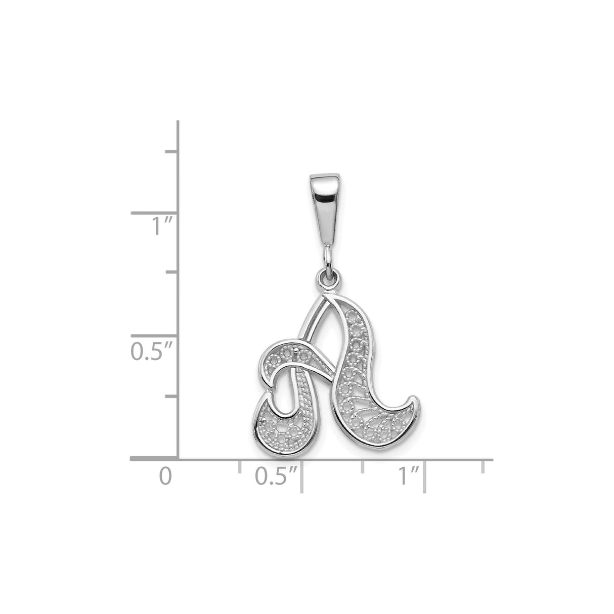 14k White Gold Initial N Pendant with Diamond Cut Filigree Design, Cursive Letter Charm