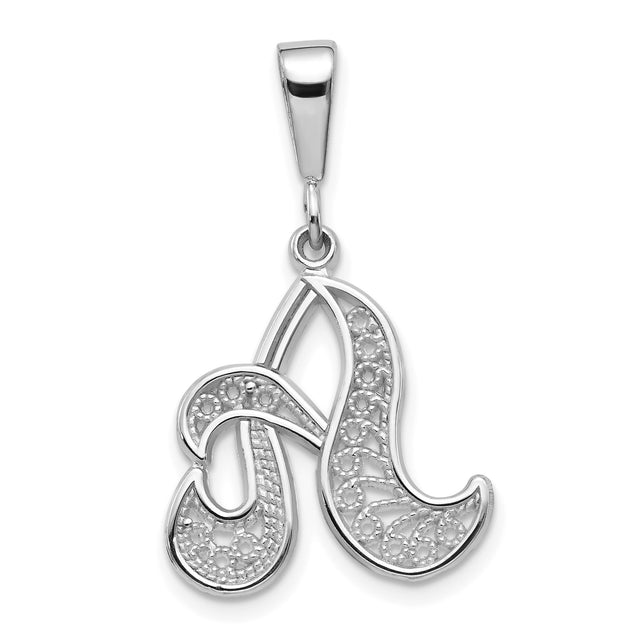 14k White Gold Initial N Pendant with Diamond Cut Filigree Design, Cursive Letter Charm