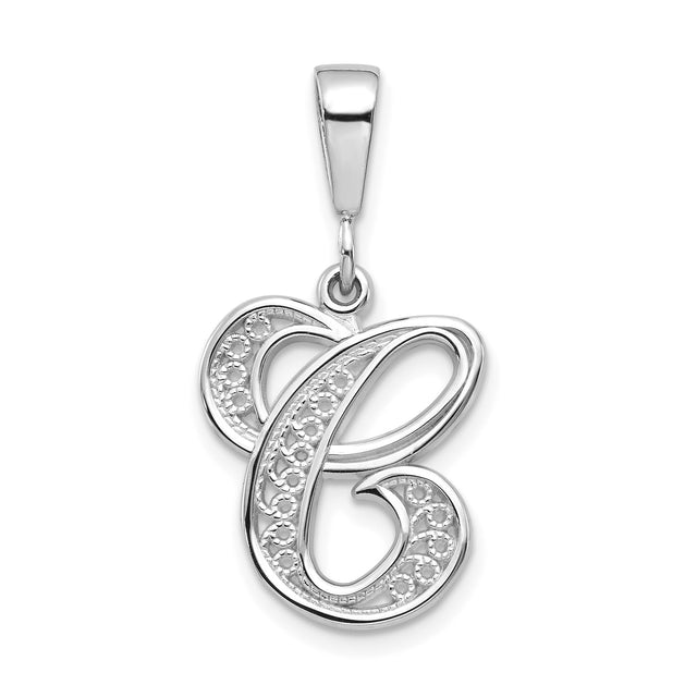 14k White Gold Script Initial C Pendant with Diamond Cut Detailing