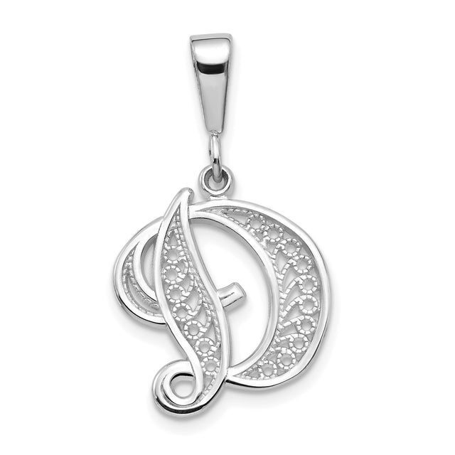 14k White Gold Initial D Pendant with Filigree Script Letter Design Charm