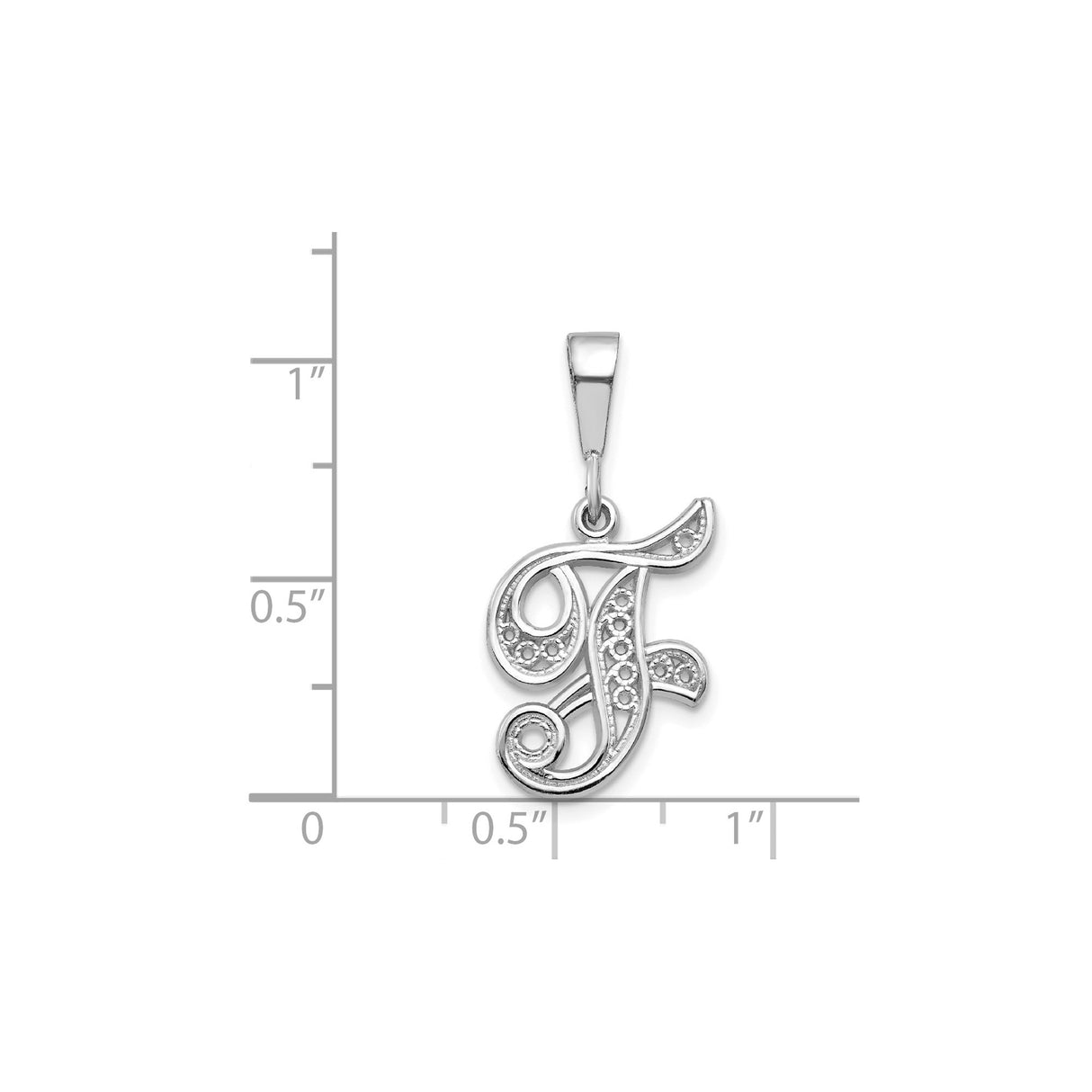 14k White Gold Letter F Pendant, Filigree Script Monogram Charm with Openwork Scroll Accents