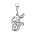 14k White Gold Letter F Pendant, Filigree Script Monogram Charm with Openwork Scroll Accents