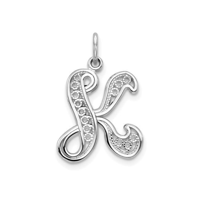 14k White Gold Initial Pendant, Script Letter K Filigree Monogram Design for Women