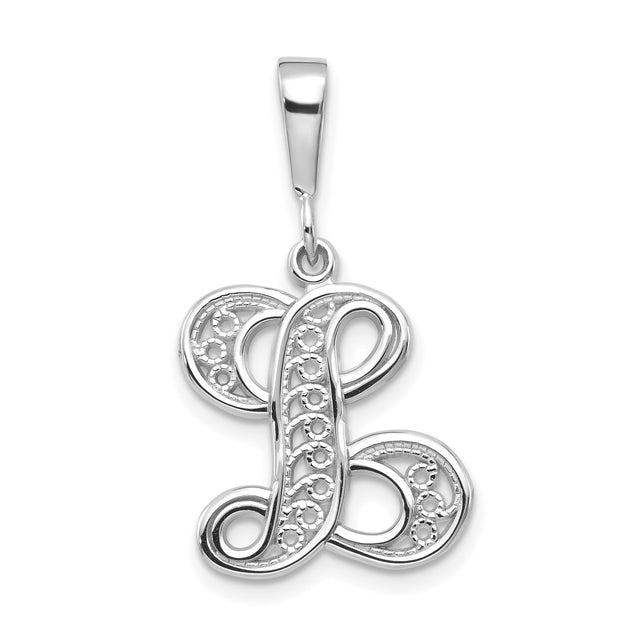 14k White Gold Letter L Pendant, Filigree Scroll Initial Charm, Script Monogram Jewelry for Women