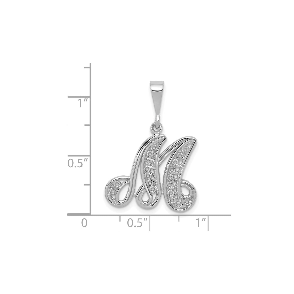 14k White Gold Initial M Pendant with Filigree Scrollwork, Script Letter Charm
