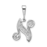 14k White Gold Letter N Pendant with Filigree Scroll Design and Floral Accent