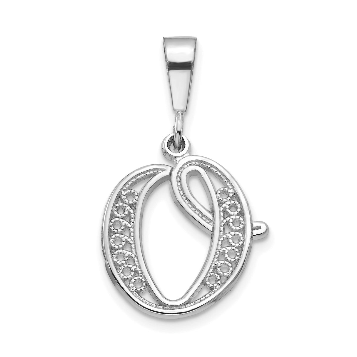 14k White Gold Script O Pendant, Cursive Initial Charm with Textured Detail for Women