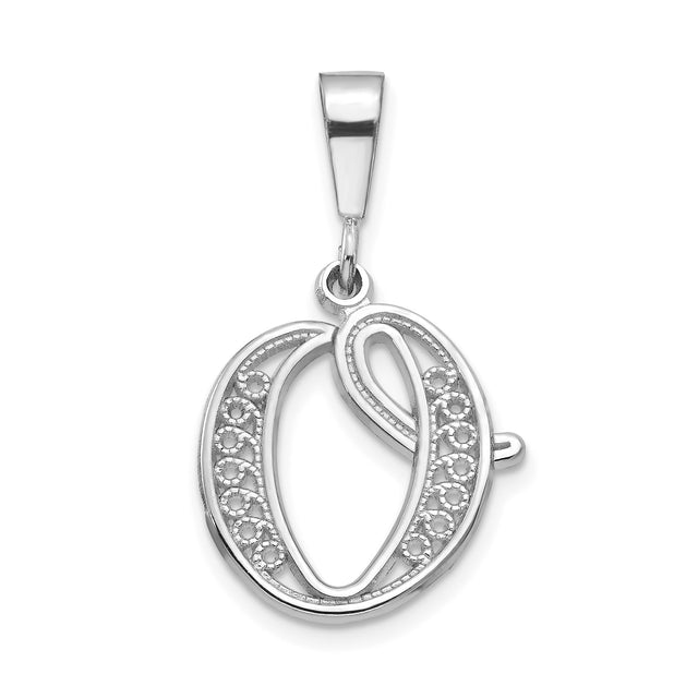 14k White Gold Script O Pendant, Cursive Initial Charm with Textured Detail for Women