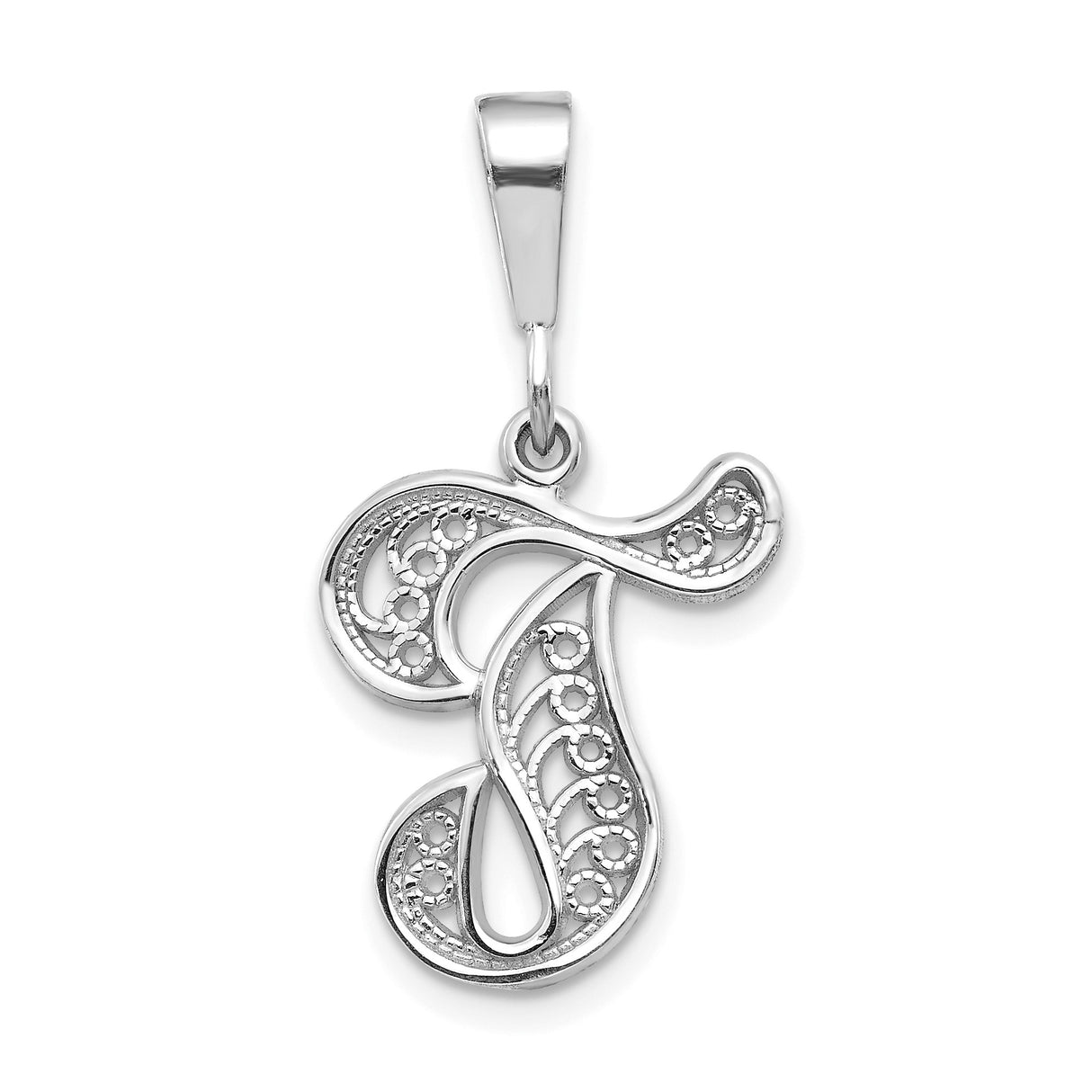14k White Gold T Initial Pendant with Filigree Scroll Design for Women