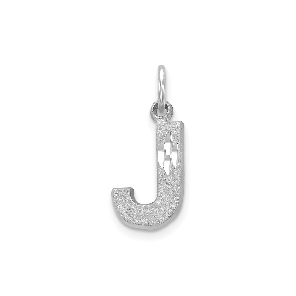 14k White Gold Initial J Pendant Charm with Polished Finish and Diamond Cut Design