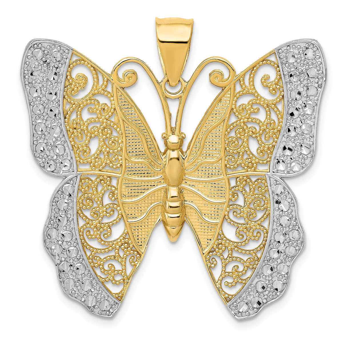 14k Two-Tone Gold Butterfly Pendant with Diamond-Cut Accents and Filigree Design
