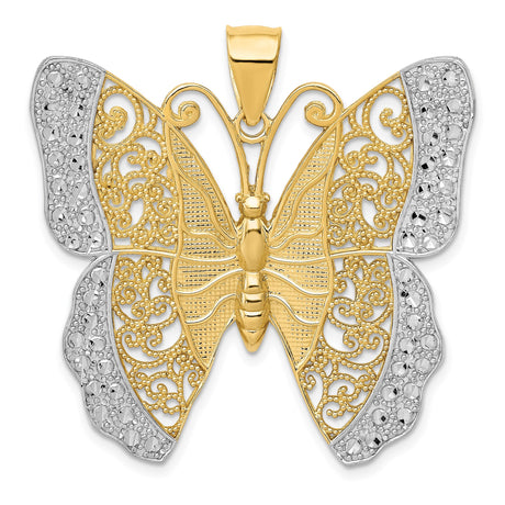 14k Two-Tone Gold Butterfly Pendant with Diamond-Cut Accents and Filigree Design